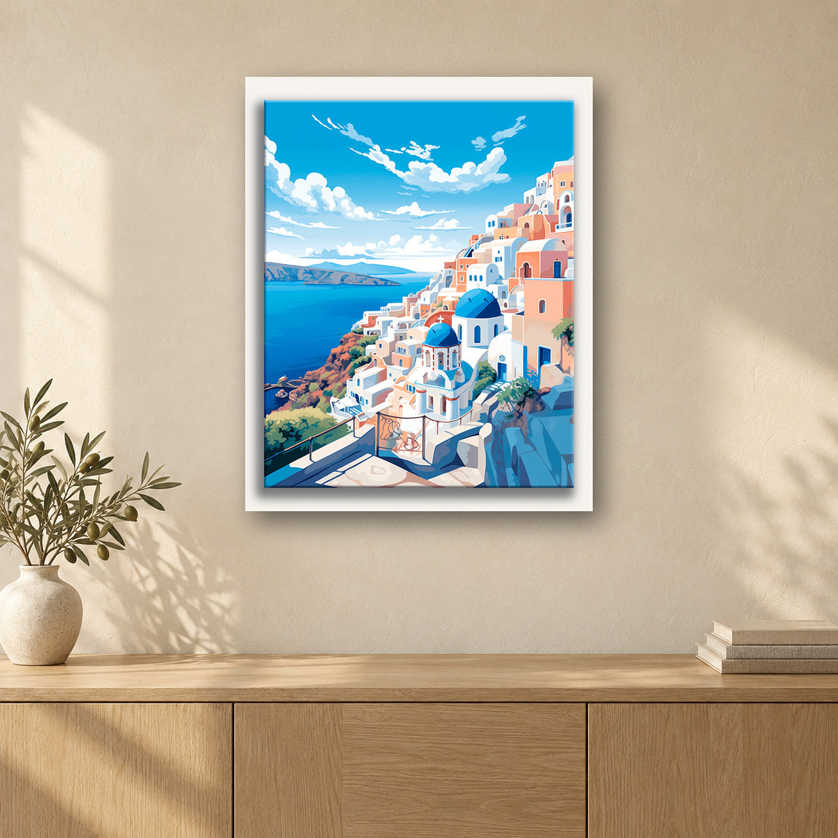 Tableau peinture par numéro Splendeur Égéenne accroché dans un intérieur décoré, Maison Artsen