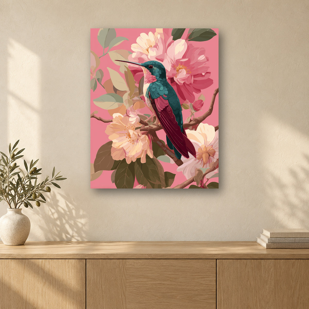 Tableau peinture par numéro Oiseau Botanique accroché dans un intérieur décoré, Maison Artsen