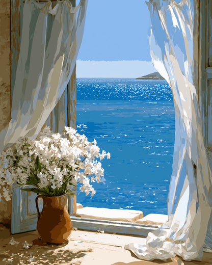 Peinture par numéro adulte Matin sur la Côte, visuel complet du design sur toile, Maison Artsen