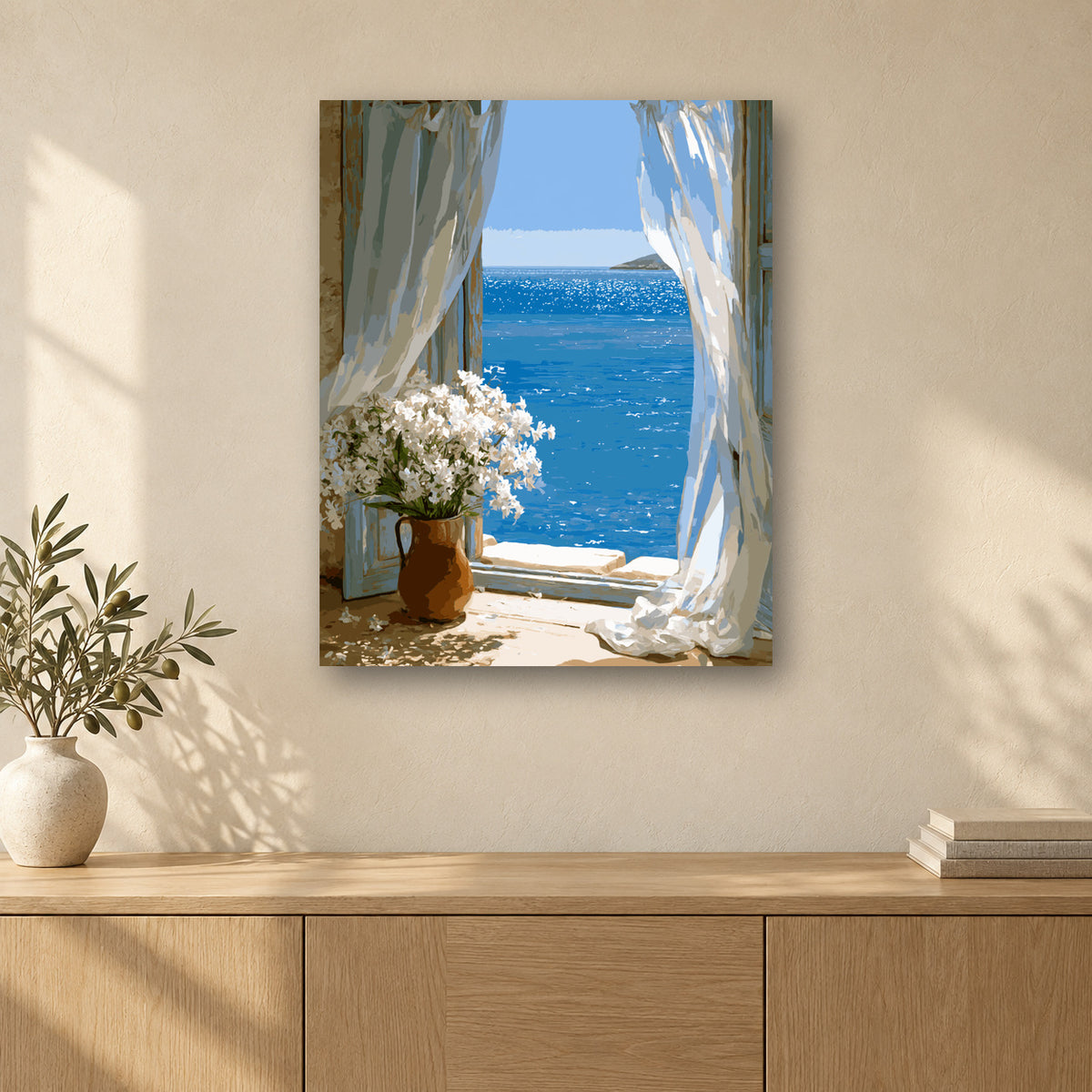Tableau peinture par numéro Matin sur la Côte accroché dans un intérieur décoré, Maison Artsen