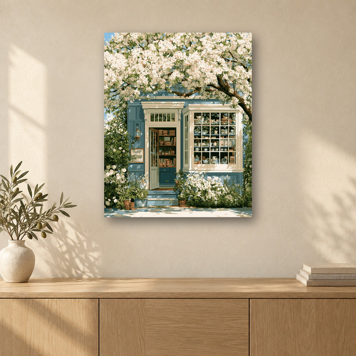 Tableau peinture par numéro Boutique sous les Fleurs accroché dans un intérieur décoré, Maison Artsen