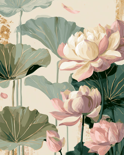 Peinture par numéro adulte Lotus aux Reflets d'Or, visuel complet du design sur toile, Maison Artsen