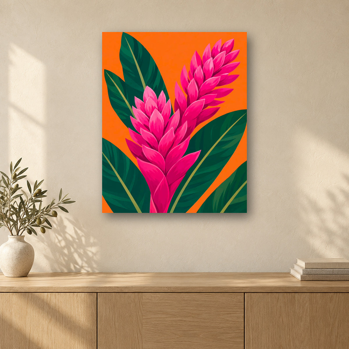Tableau peinture par numéro Fleur des Îles accroché dans un intérieur décoré, Maison Artsen