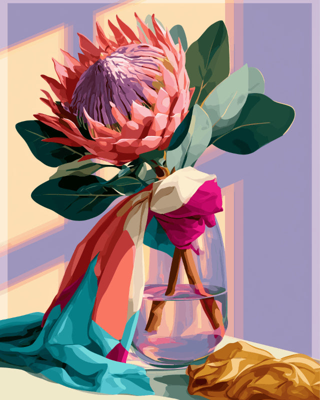 Peinture par numéro adulte Protéa en Fleurs, visuel complet du design sur toile, Maison Artsen
