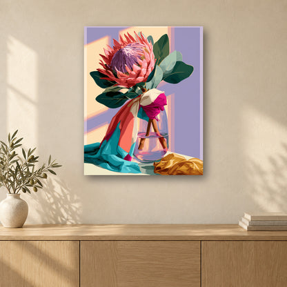 Tableau peinture par numéro Protéa en Fleurs accroché dans un intérieur décoré, Maison Artsen