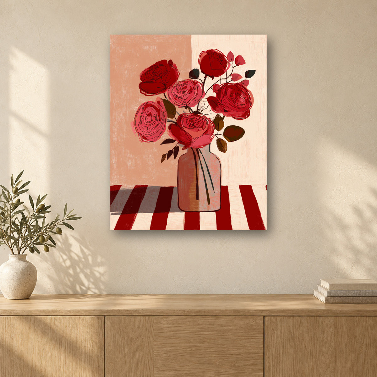 Tableau peinture par numéro Bouquet Écarlate accroché dans un intérieur décoré, Maison Artsen