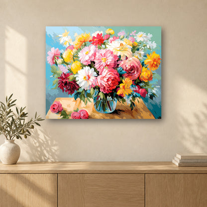 Tableau peinture par numéro Bouquet de Printemps accroché dans un intérieur décoré, Maison Artsen