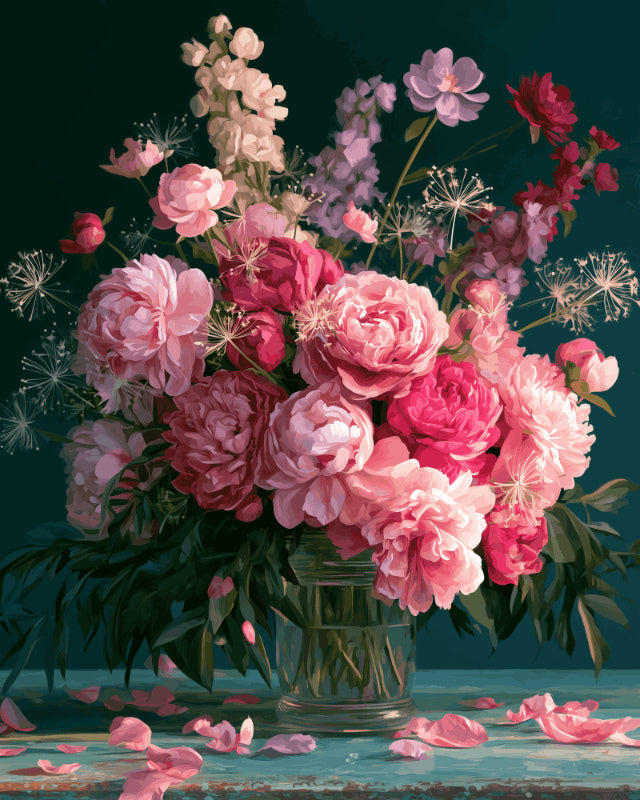 Peinture par numéro adulte Pivoines et Pétales Tombés, visuel complet du design sur toile, Maison Artsen