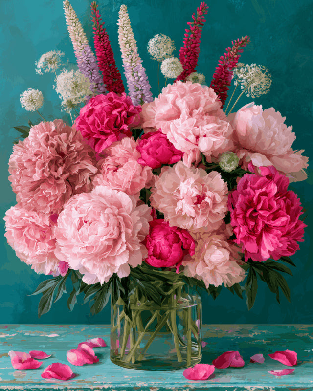 Peinture par numéro adulte Vase de Pivoines, visuel complet du design sur toile, Maison Artsen