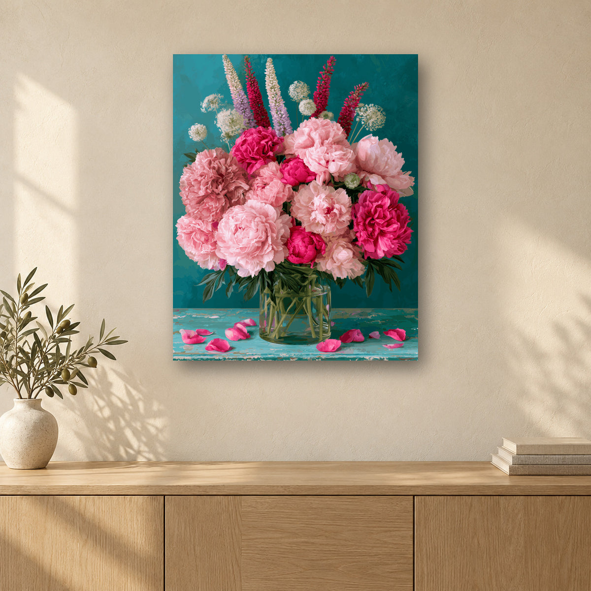 Tableau peinture par numéro Vase de Pivoines accroché dans un intérieur décoré, Maison Artsen