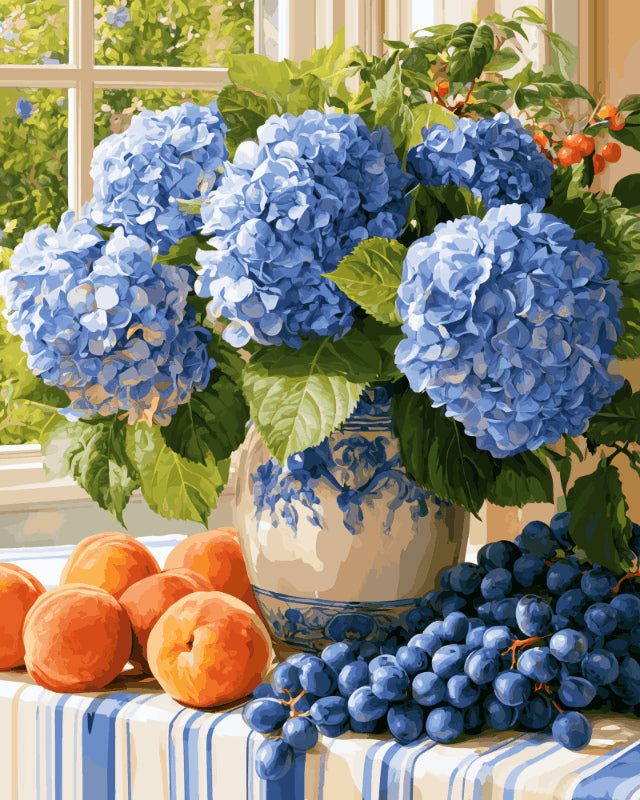 Peinture par numéro adulte Hortensias d’Été, visuel complet du design sur toile, Maison Artsen