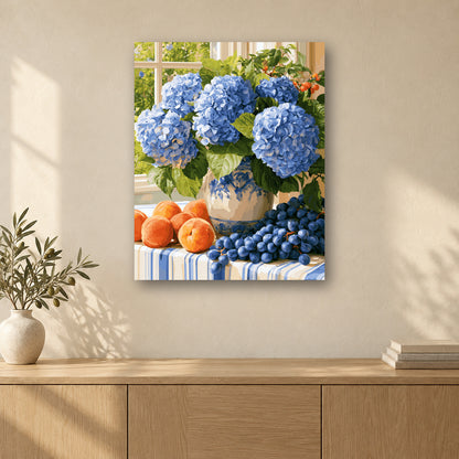 Tableau peinture par numéro Hortensias d’Été accroché dans un intérieur décoré, Maison Artsen