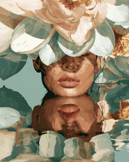 Peinture par numéro adulte Visage sous le Lotus, visuel complet du design sur toile, Maison Artsen