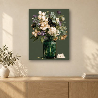 Tableau peinture par numéro Bouquet d’Émeraude accroché dans un intérieur décoré, Maison Artsen