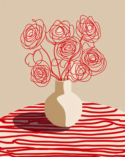 Peinture par numéro adulte Roses au Trait Rouge, visuel complet du design sur toile, Maison Artsen