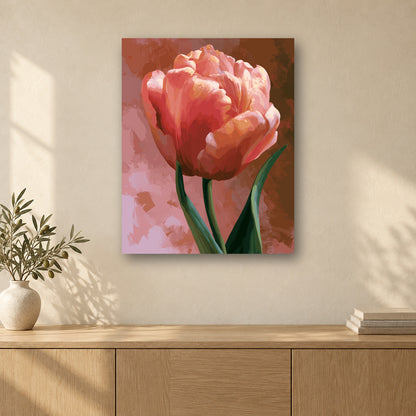 Tableau peinture par numéro Tulipe Rosée accroché dans un intérieur décoré, Maison Artsen