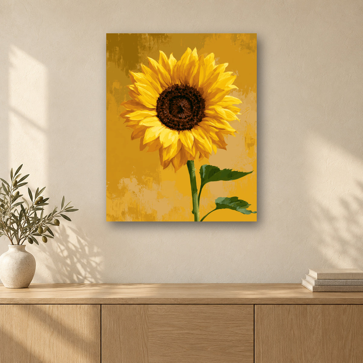 Tableau peinture par numéro Tournesol Solitaire accroché dans un intérieur décoré, Maison Artsen
