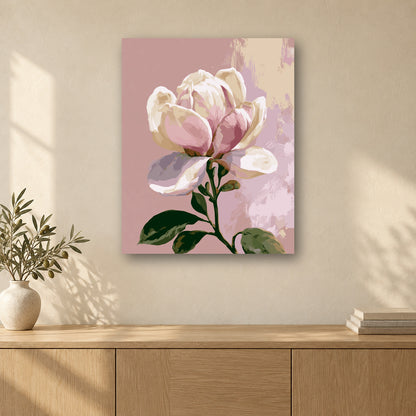 Tableau peinture par numéro Grâce du Magnolia accroché dans un intérieur décoré, Maison Artsen
