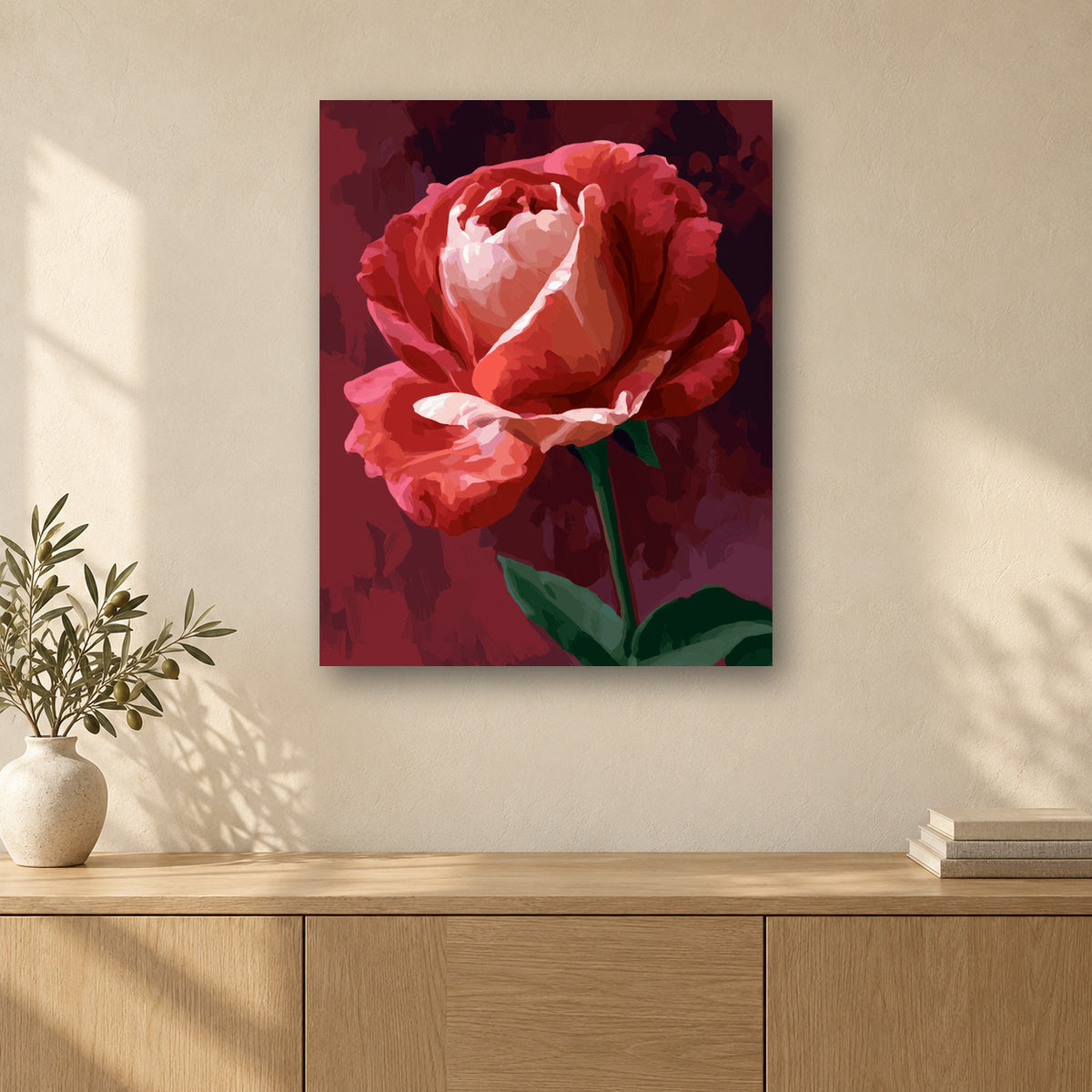 Tableau peinture par numéro Rose Cramoisie accroché dans un intérieur décoré, Maison Artsen
