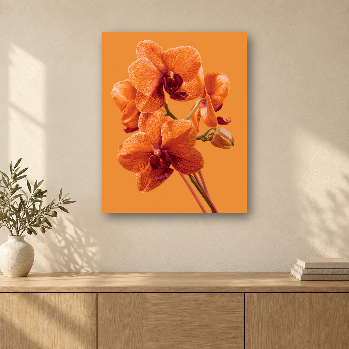 Tableau peinture par numéro Éclat d’Orchidée accroché dans un intérieur décoré, Maison Artsen
