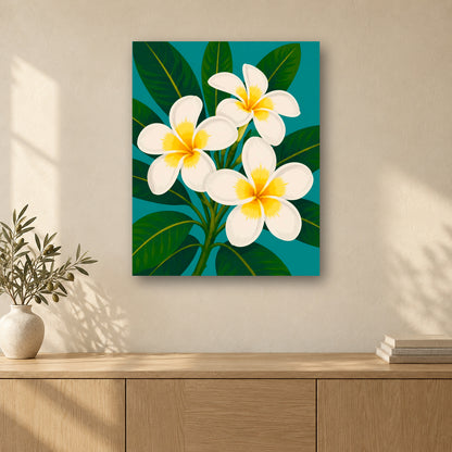 Tableau peinture par numéro Fleurs de Frangipanier accroché dans un intérieur décoré, Maison Artsen