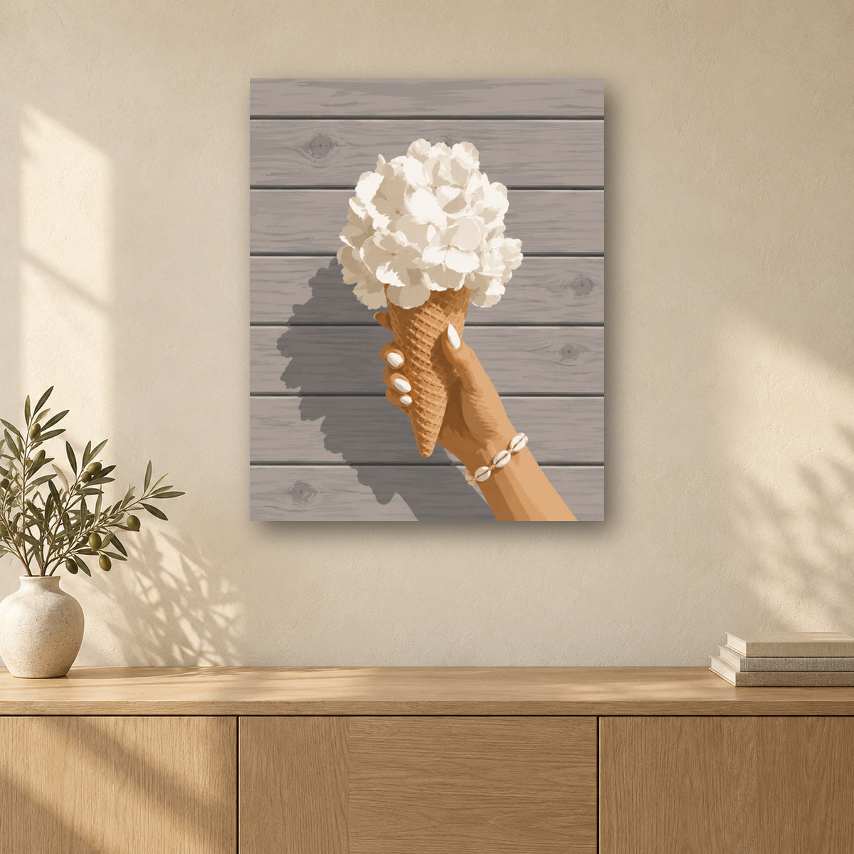 Tableau peinture par numéro Cornet d'Hortensia accroché dans un intérieur décoré, Maison Artsen
