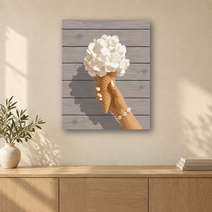 Tableau peinture par numéro Cornet d'Hortensia accroché dans un intérieur décoré, Maison Artsen