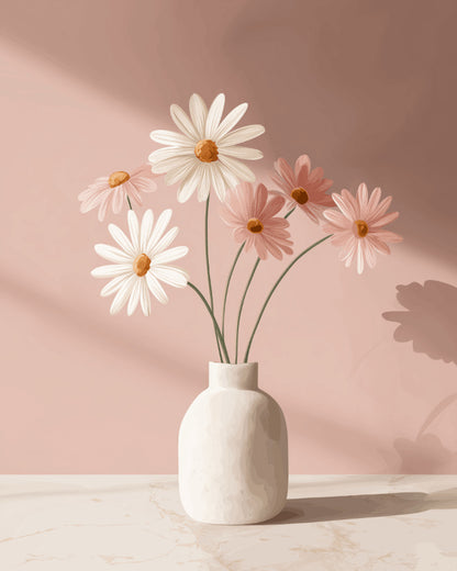 Peinture par numéro adulte Marguerites au Vase Blanc, visuel complet du design sur toile, Maison Artsen