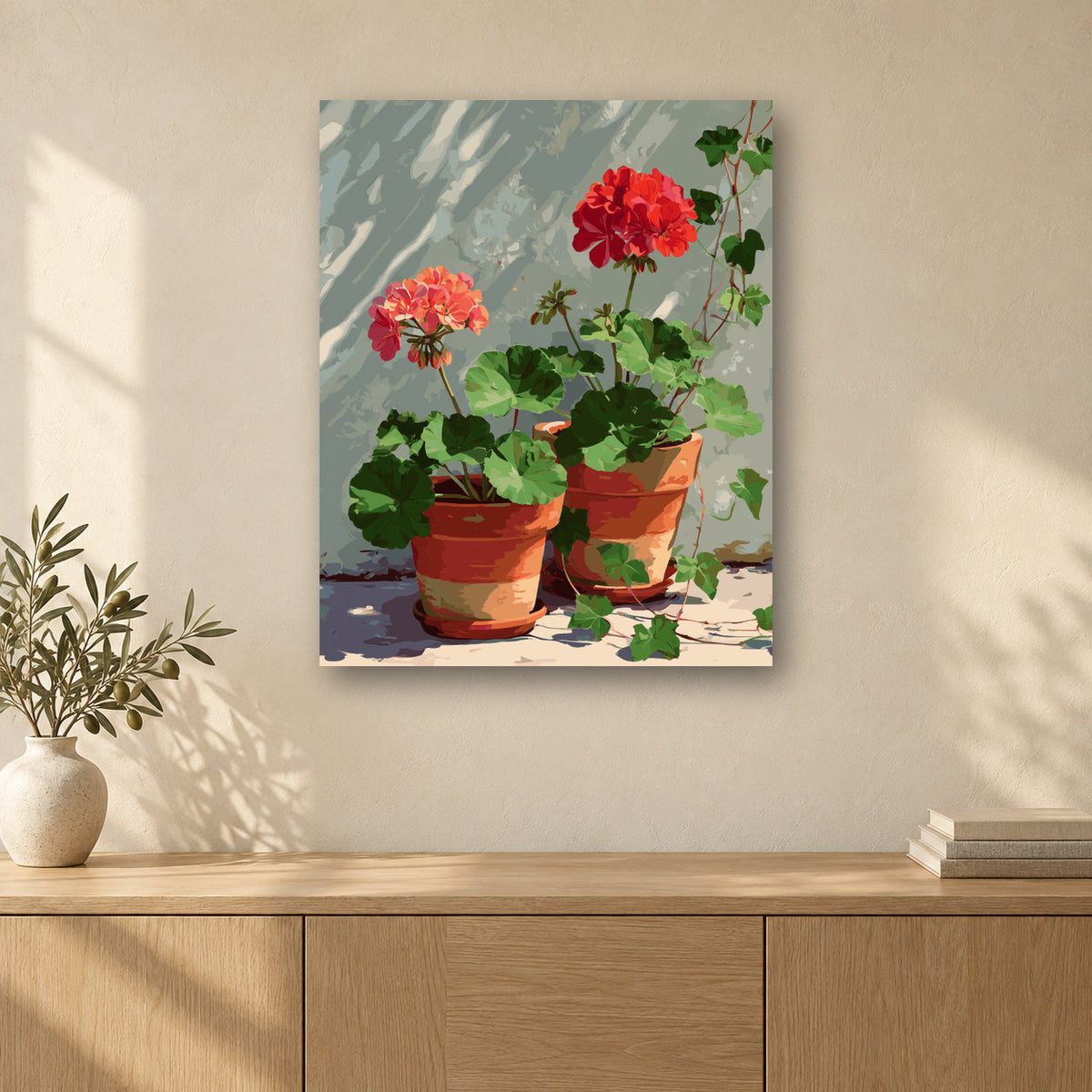 Tableau peinture par numéro Géraniums au Soleil accroché dans un intérieur décoré, Maison Artsen