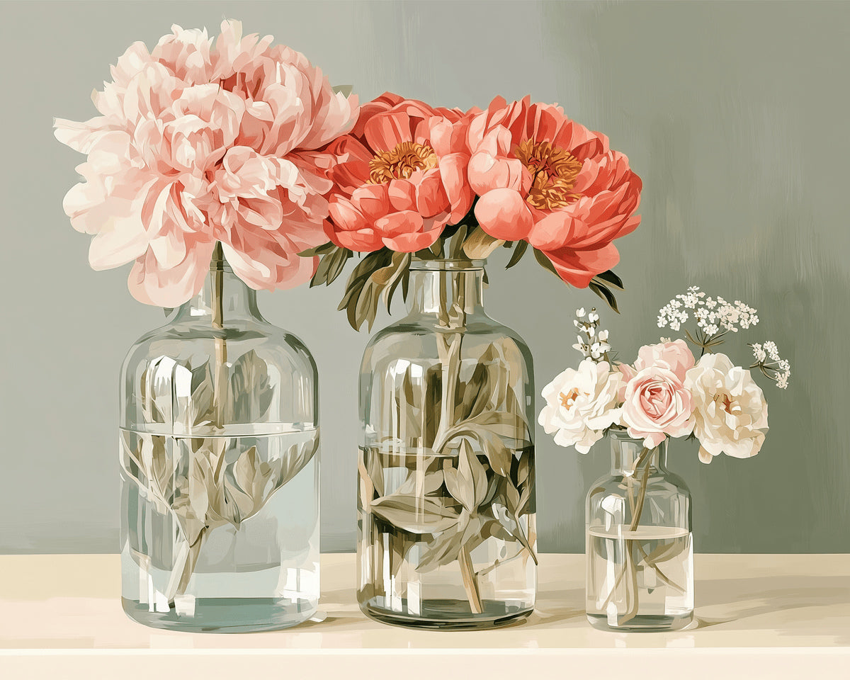 Peinture par numéro adulte Trois Vases de Pivoines, visuel complet du design sur toile, Maison Artsen