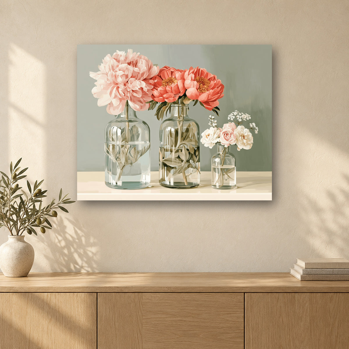 Tableau peinture par numéro Trois Vases de Pivoines accroché dans un intérieur décoré, Maison Artsen