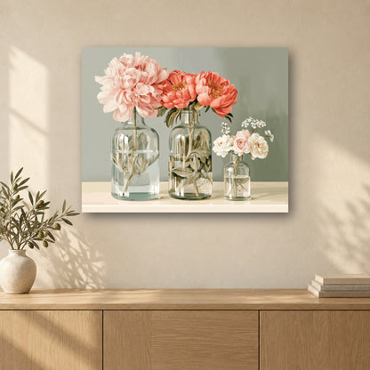 Tableau peinture par numéro Trois Vases de Pivoines accroché dans un intérieur décoré, Maison Artsen