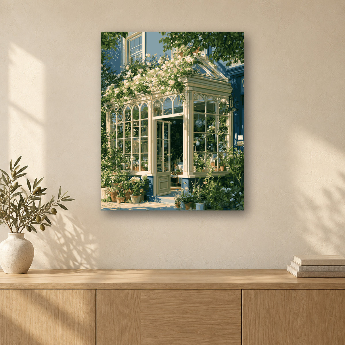 Tableau peinture par numéro La Serre du Jardin Secret accroché dans un intérieur décoré, Maison Artsen