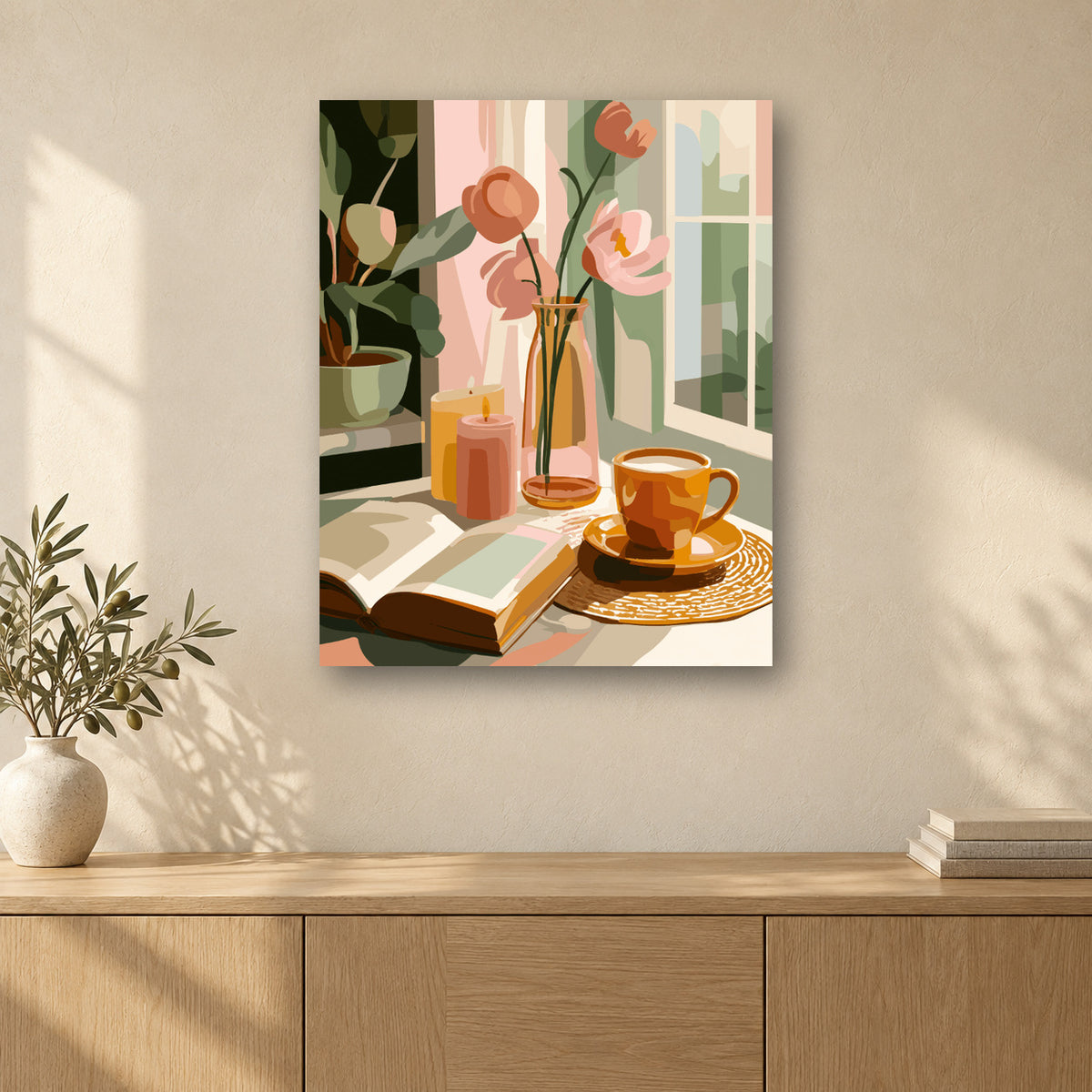 Tableau peinture par numéro Lumière à la Fenêtre accroché dans un intérieur décoré, Maison Artsen