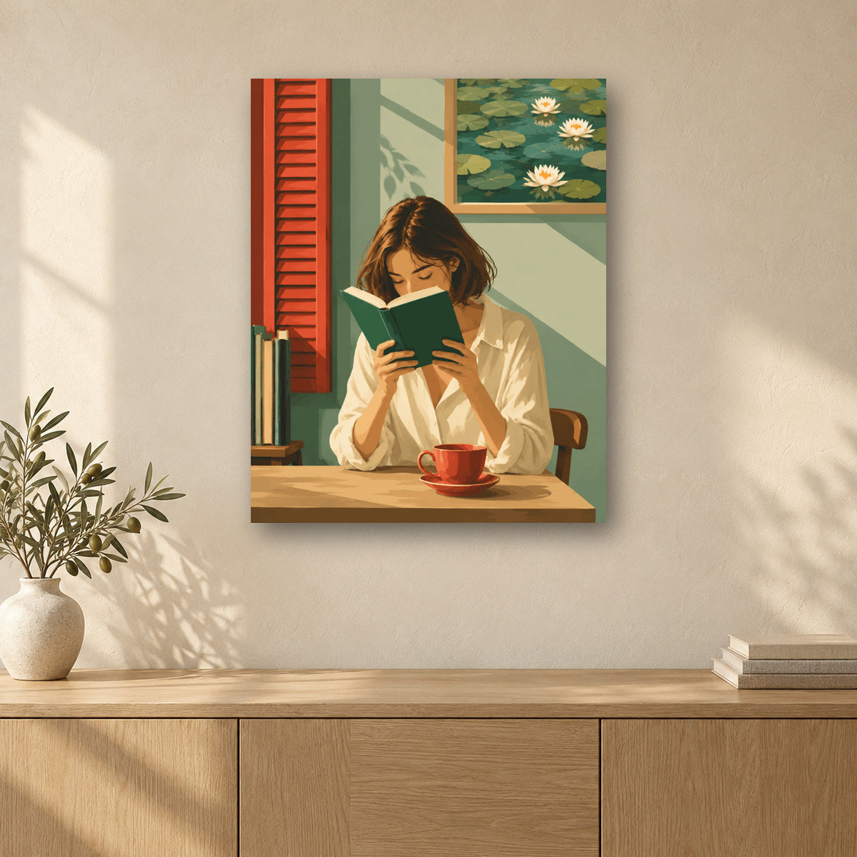 Tableau peinture par numéro Lecture au Café accroché dans un intérieur décoré, Maison Artsen
