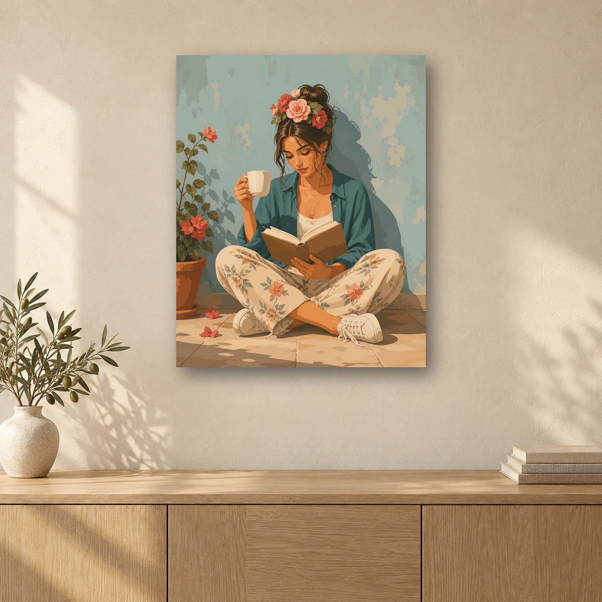 Tableau peinture par numéro Évasion Fleurie accroché dans un intérieur décoré, Maison Artsen