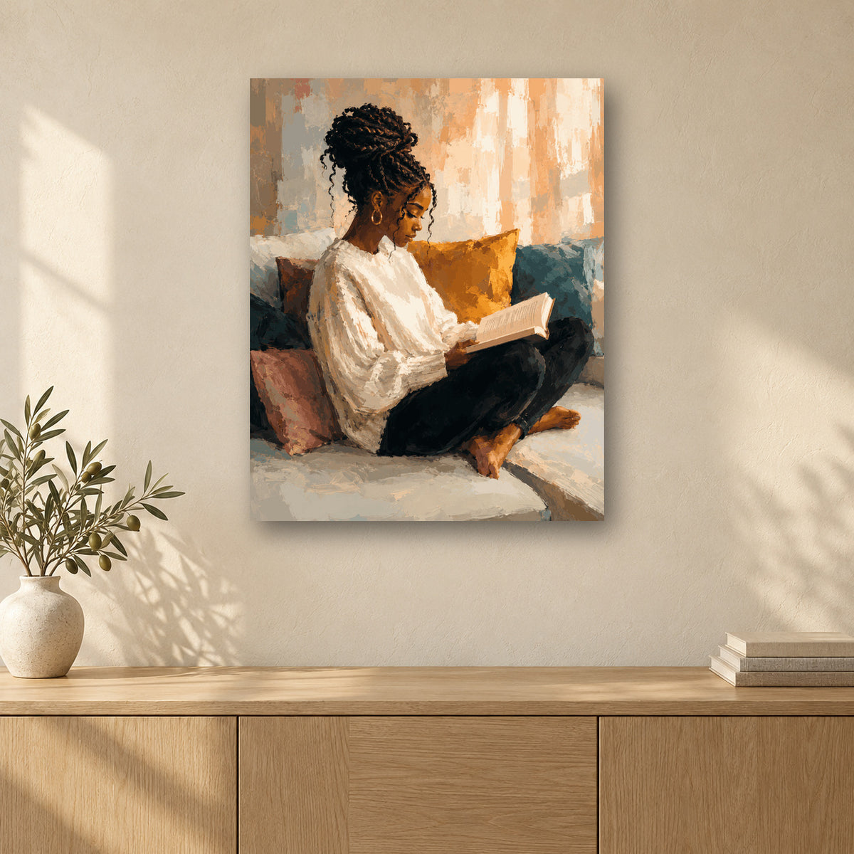 Tableau peinture par numéro Lecture du Dimanche accroché dans un intérieur décoré, Maison Artsen