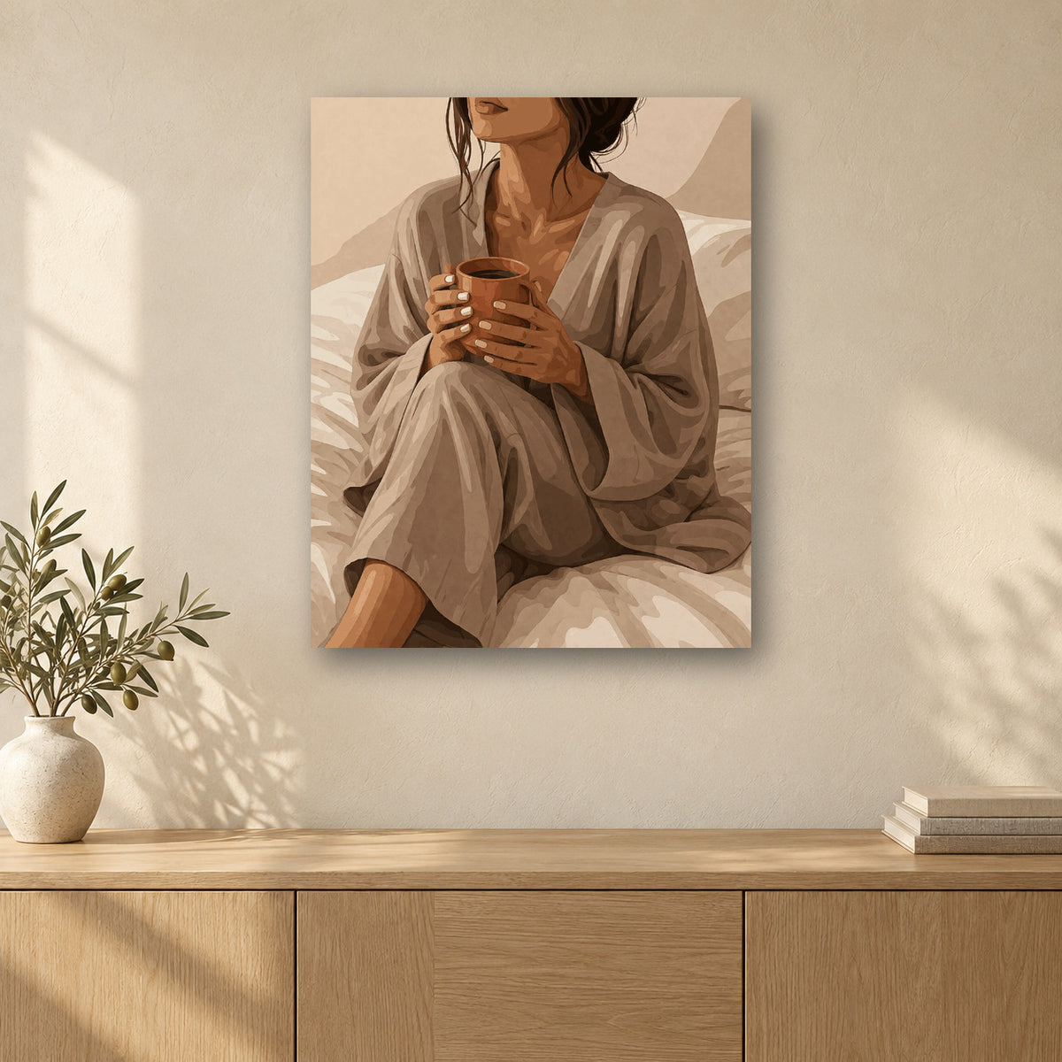 Tableau peinture par numéro Douceur Beige accroché dans un intérieur décoré, Maison Artsen