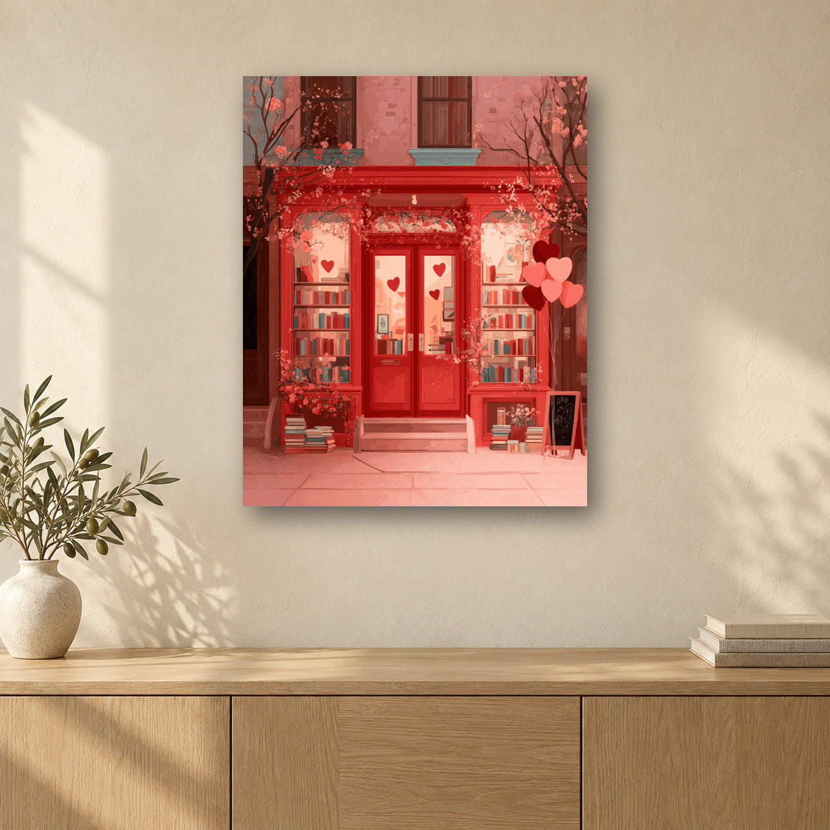 Tableau peinture par numéro La Librairie de l’Amour accroché dans un intérieur décoré, Maison Artsen
