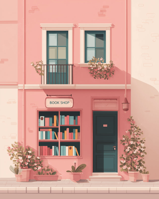 Peinture par numéro adulte La Librairie Rose, visuel complet du design sur toile, Maison Artsen