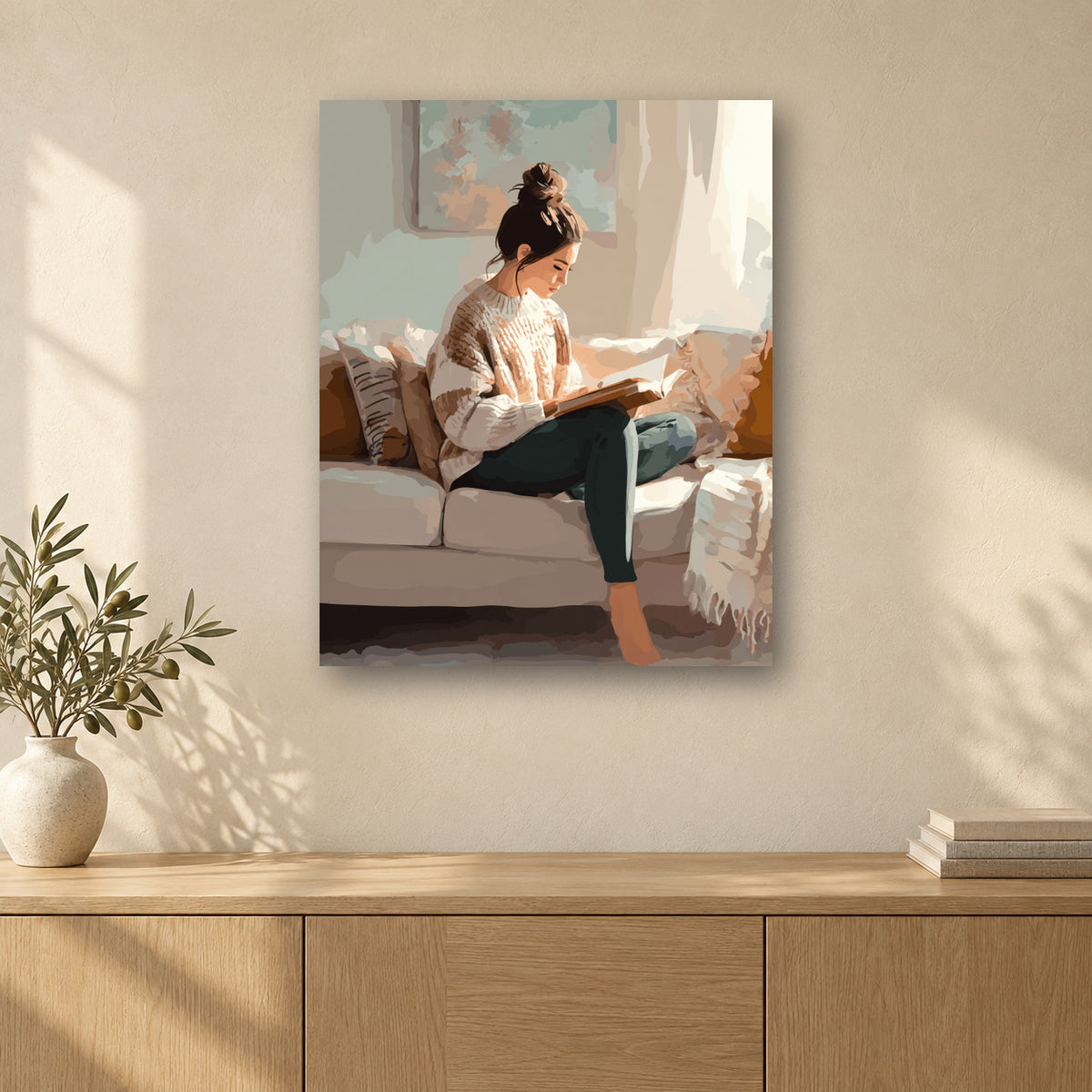 Tableau peinture par numéro Instants Paisibles accroché dans un intérieur décoré, Maison Artsen
