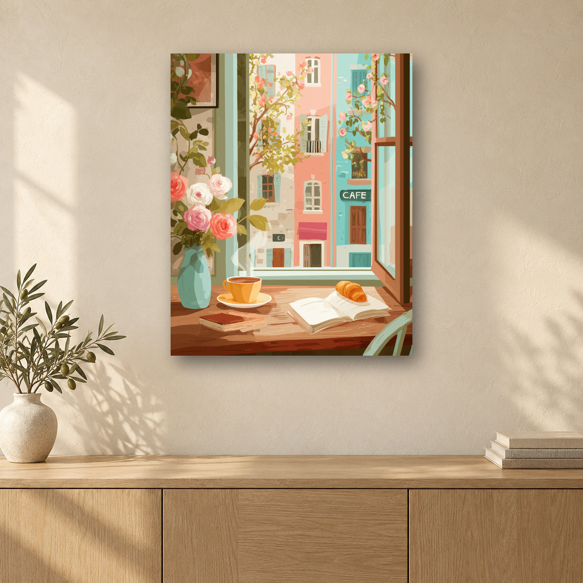 Tableau peinture par numéro Fenêtre sur Rue Pastel accroché dans un intérieur décoré, Maison Artsen