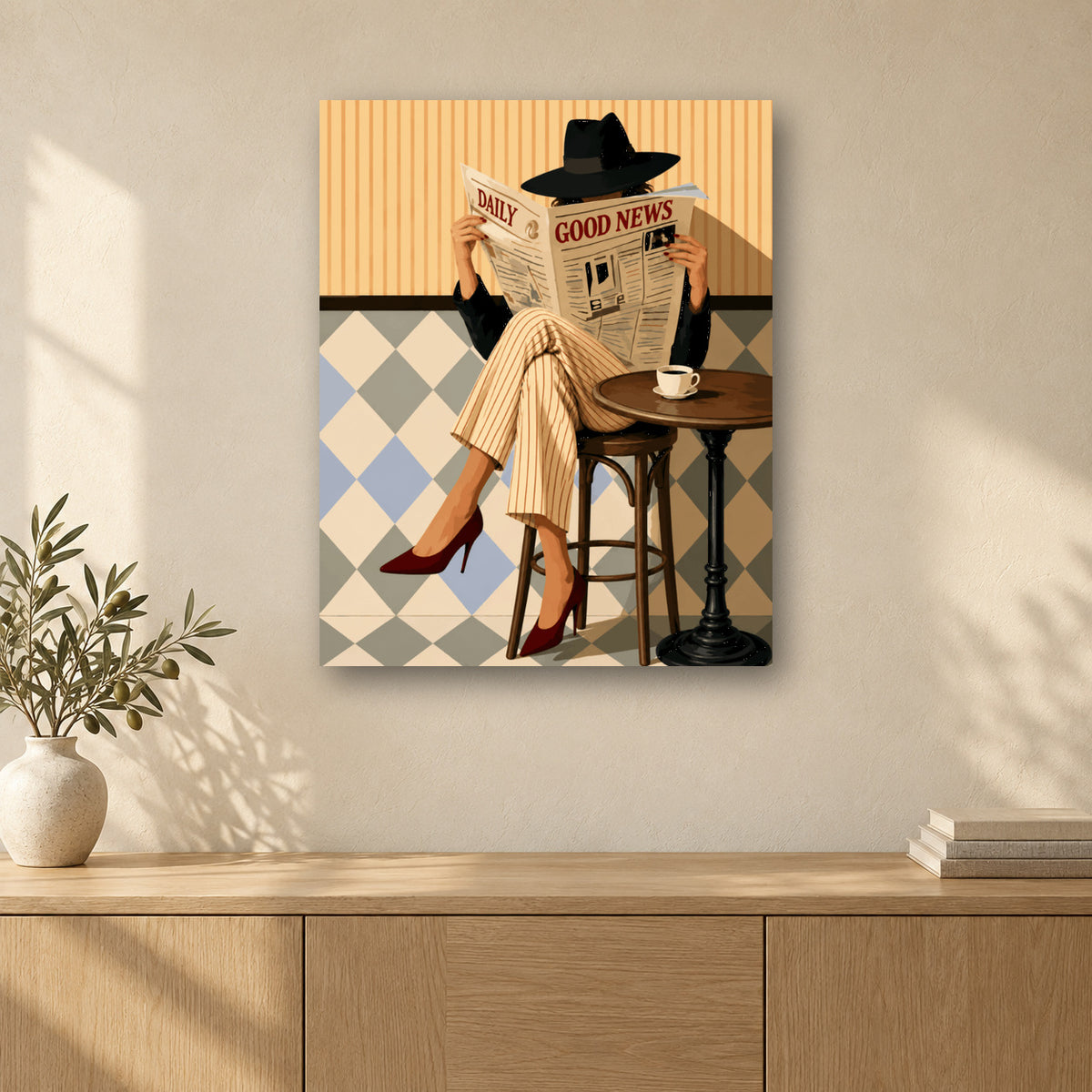 Tableau peinture par numéro La Lectrice du Matin accroché dans un intérieur décoré, Maison Artsen