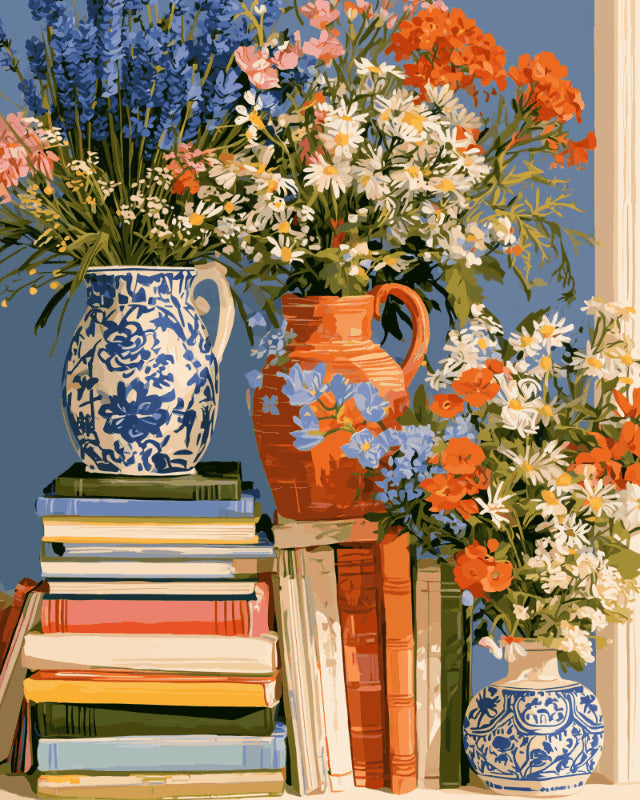 Peinture par numéro adulte Bouquets et Livres, visuel complet du design sur toile, Maison Artsen