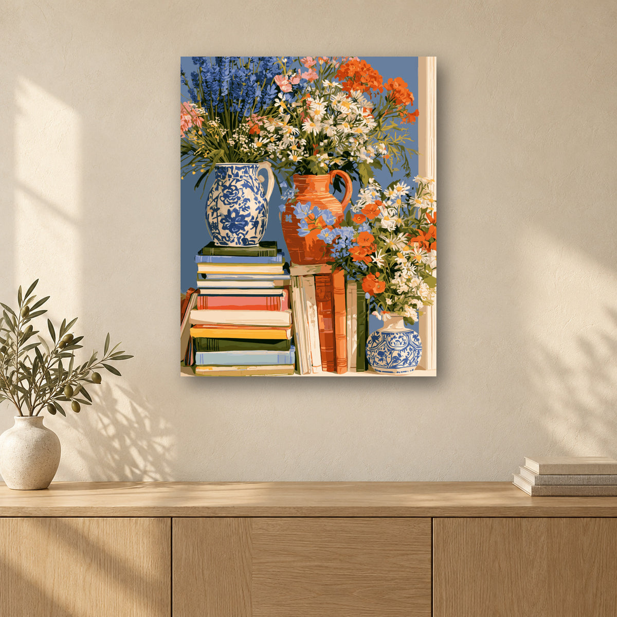 Tableau peinture par numéro Bouquets et Livres accroché dans un intérieur décoré, Maison Artsen
