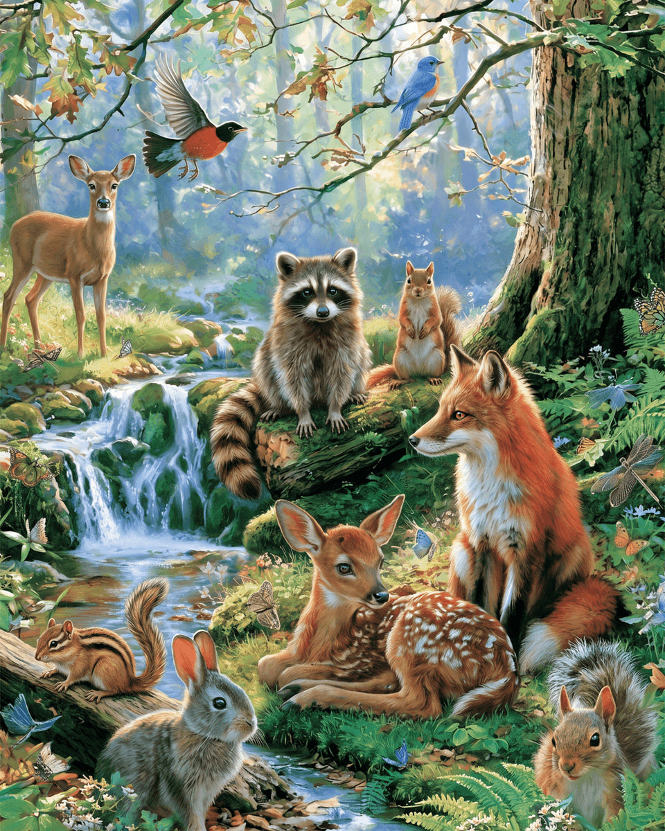 Peinture par numéro adulte Amis de la Forêt, visuel complet du design sur toile, Maison Artsen