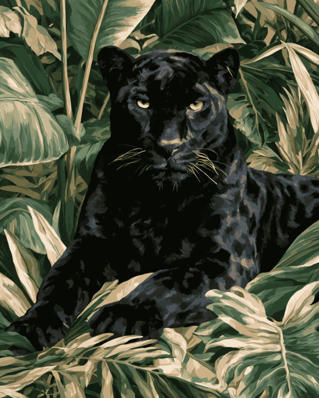 Peinture par numéro adulte Panthère Noire sous les Feuilles, visuel complet du design sur toile, Maison Artsen