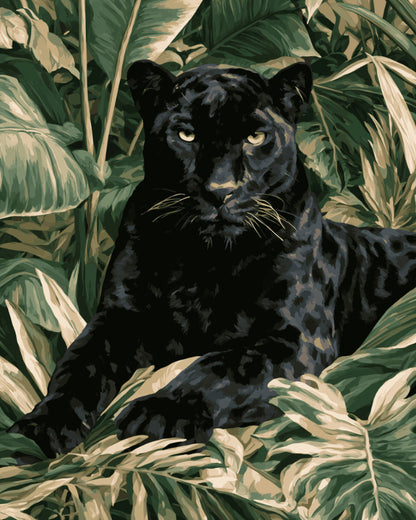 Peinture par numéro adulte Panthère Noire sous les Feuilles, visuel complet du design sur toile, Maison Artsen