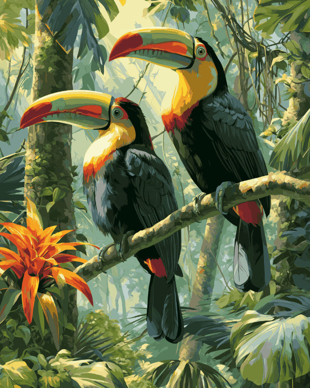 Peinture par numéro adulte Toucans Tropicaux, visuel complet du design sur toile, Maison Artsen