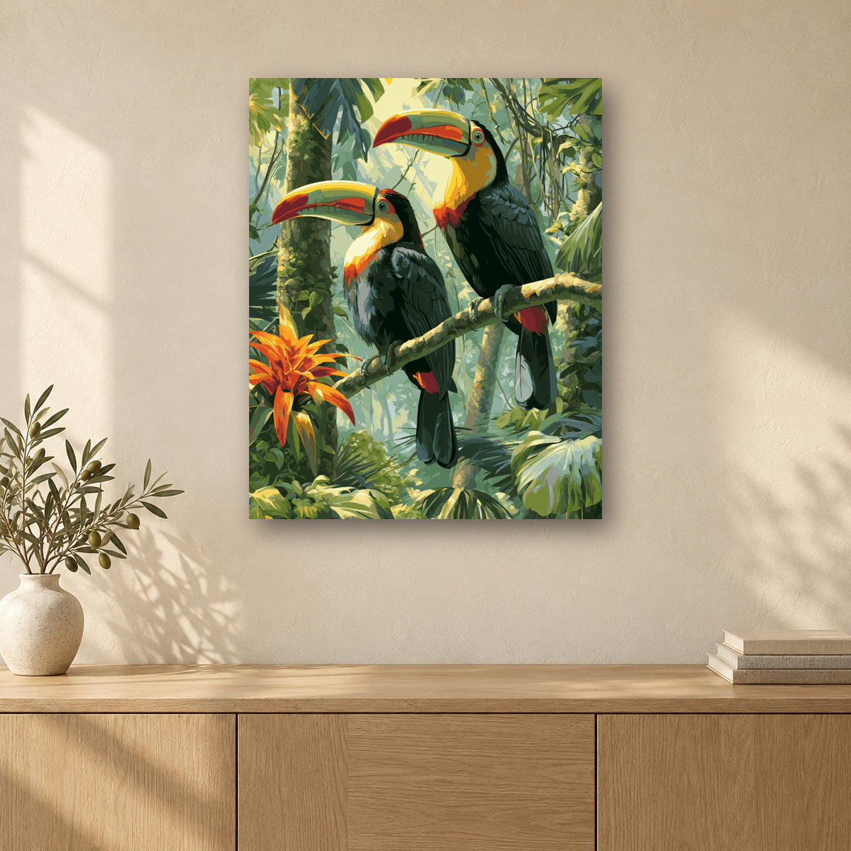 Tableau peinture par numéro Toucans Tropicaux accroché dans un intérieur décoré, Maison Artsen
